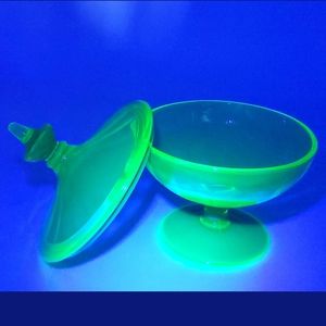 Uraniumware glass candy dish with lid